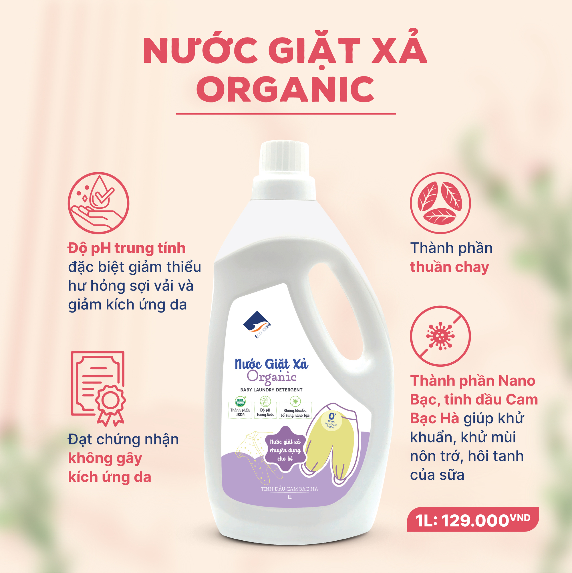 Nước Giặt Xả Hữu Cơ Em Bé ECOCARE 100ml-1L Chính Hãng, PH Trung Tính,Thơm Dịu Nhẹ Không Gây Kích Ứng