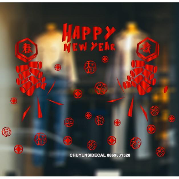 Decal trang trí Tết - Happy New Year ( ĐỎ - VÀNG )