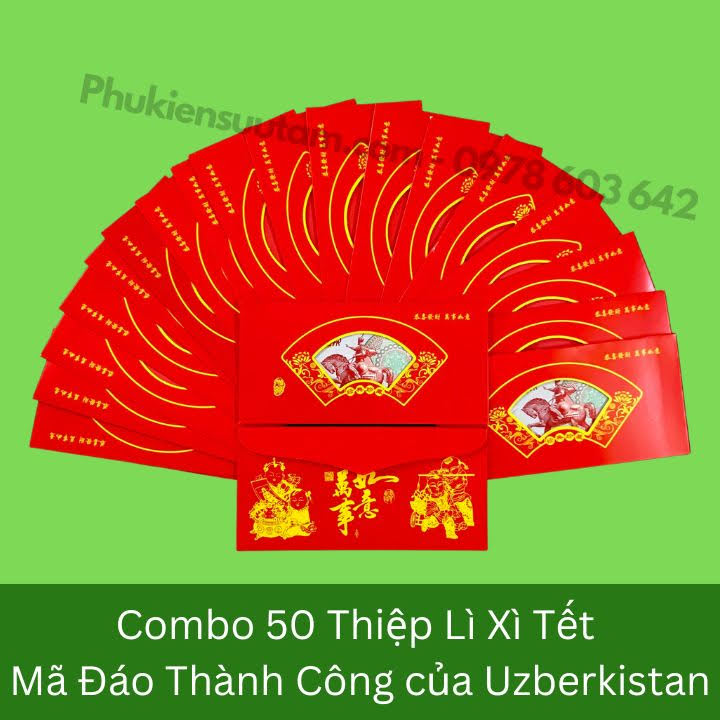 Combo 50 Thiệp Lì Xì Tết Mã Đáo Thành Công Của Uzberkistan, kích thước: 20cmx10cm, màu đỏ - SP005879