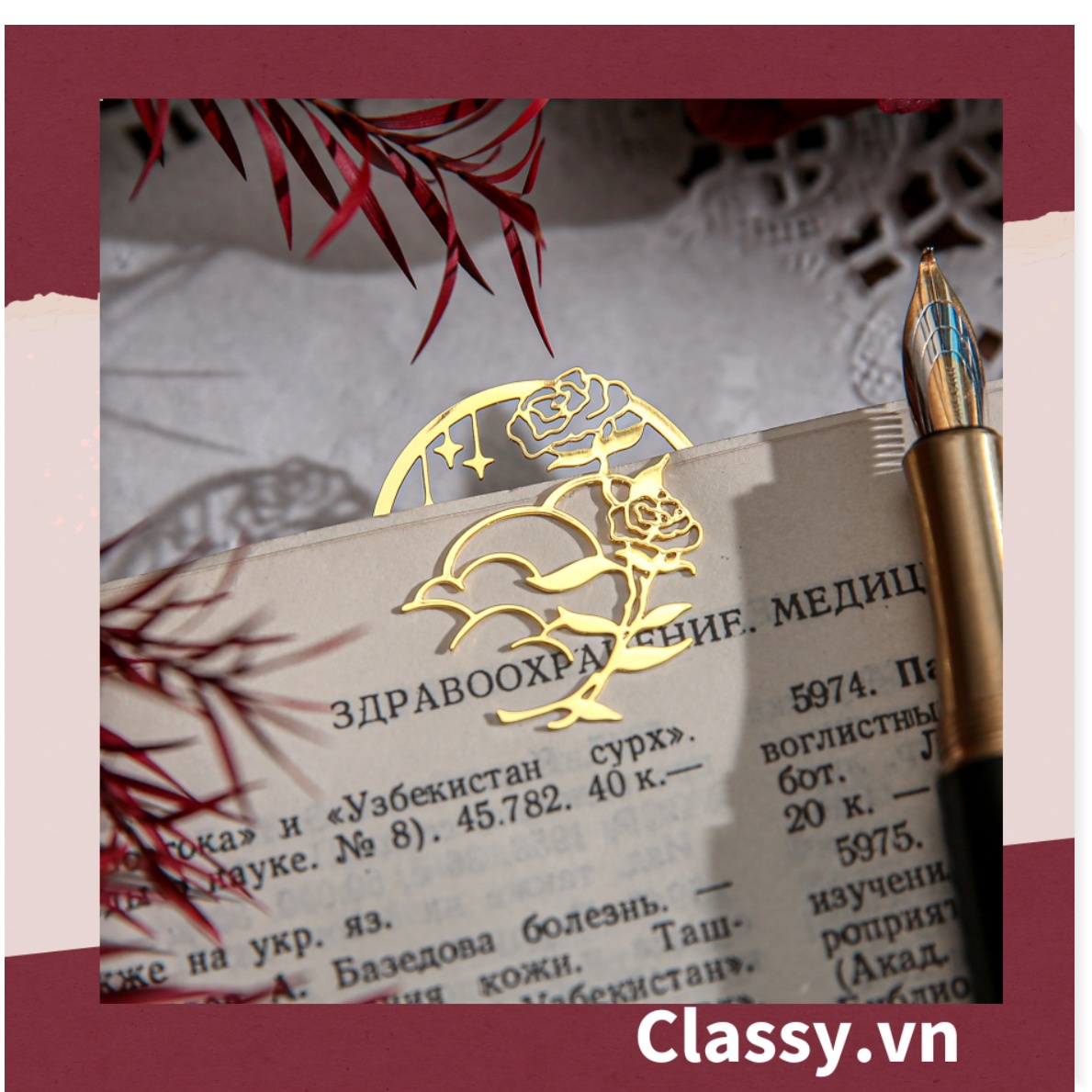 Bookmark /thẻ đánh dấu sách Hình Hoa Hồng vintage chất liệu Kim Loại đánh Dấu, đục lỗ tròn có thể gắn thêm ruy băng PK1793