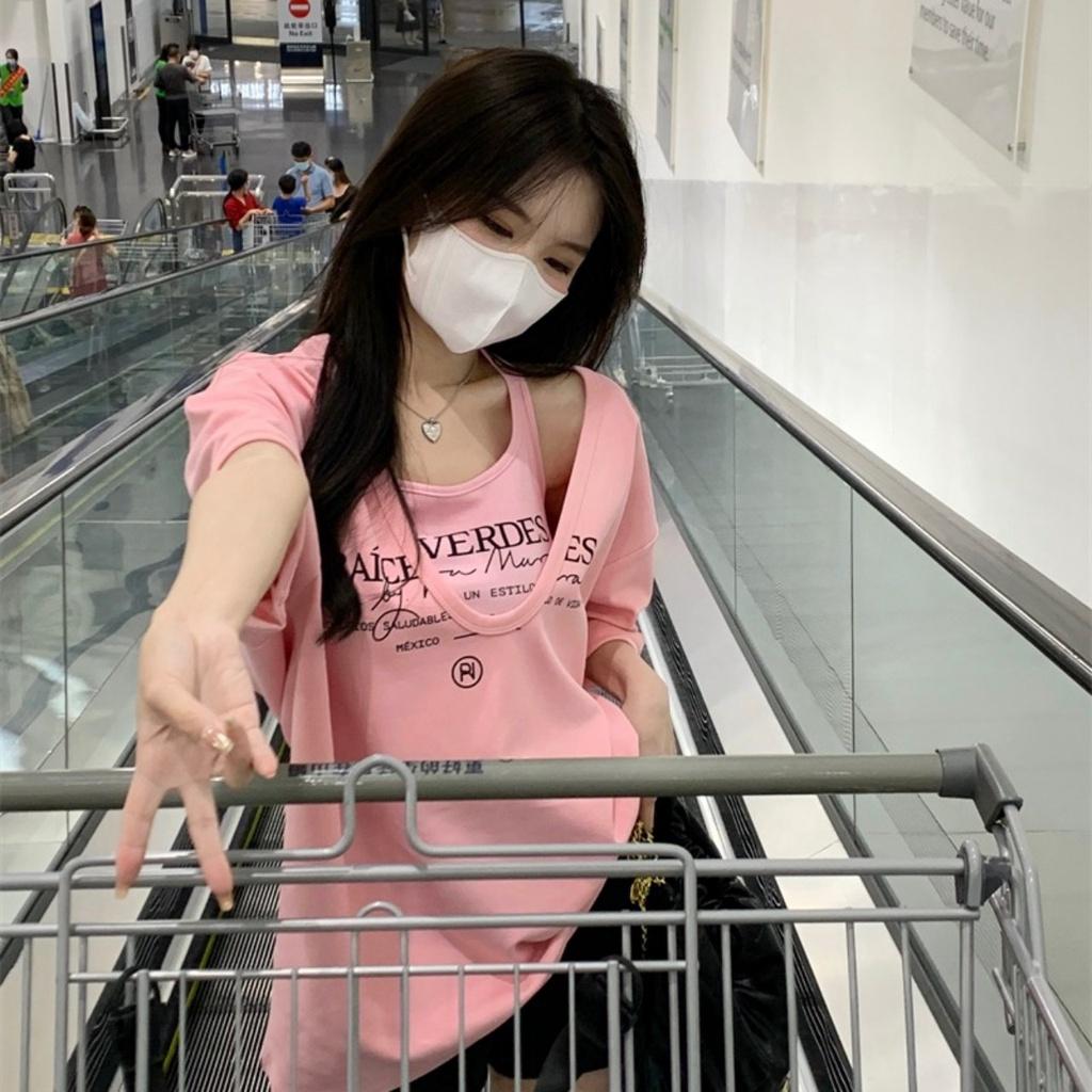 Bộ Áo Tanktop Kèm Áo Croptop In Chữ Vải Cotton