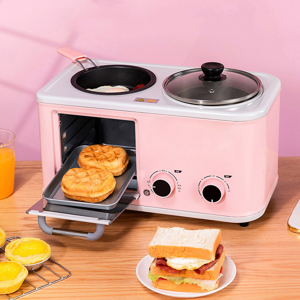 Máy Nướng Bánh Mì Sandwich Màu Hồng, lò nướng 4in1 Tích hợp Đun, Hấp, Chiên rán, Lò vi sóng