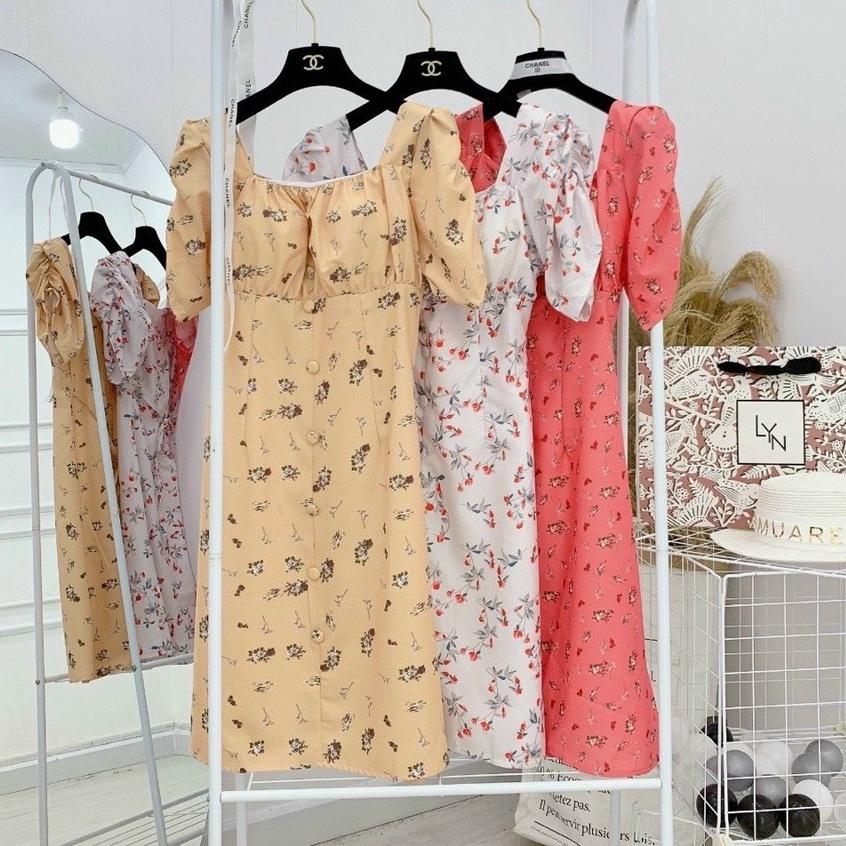 Đầm Hoa Dáng Xòe Thời Trang Mùa Hè Phong Cách Tay Ngắn Cổ Vuông Thanh Lịch Cho Nữ