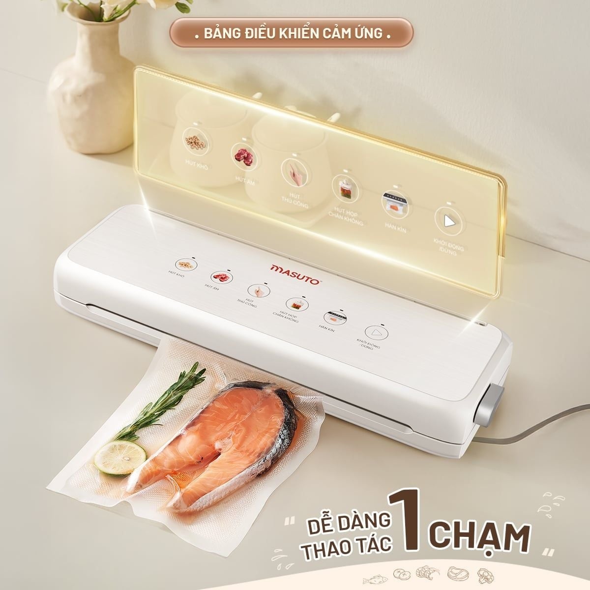 Máy hút chân không thực phẩm Masuto MSSMaster Không Kén Túi, hút siêu mạnh 60kPa, mối hàn kép 4mm hàn miệng túi siêu chặt - Hàng chính hãng