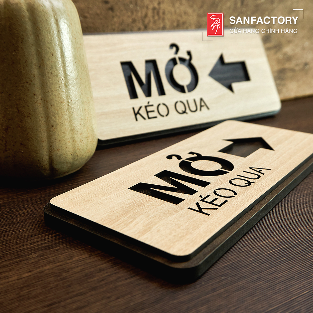 Bảng gỗ Mở cửa chỉ dẫn kéo cửa qua trái phải loại dán có sẵn keo