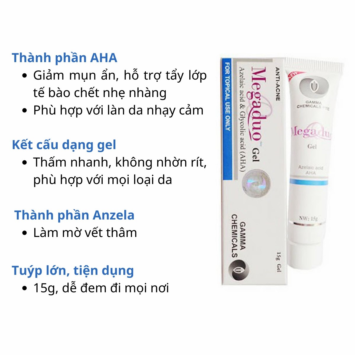 Gel Giảm Mụn Ẩn Và Thâm Gamma Megaduo Gel 15g - Bản thường AHA