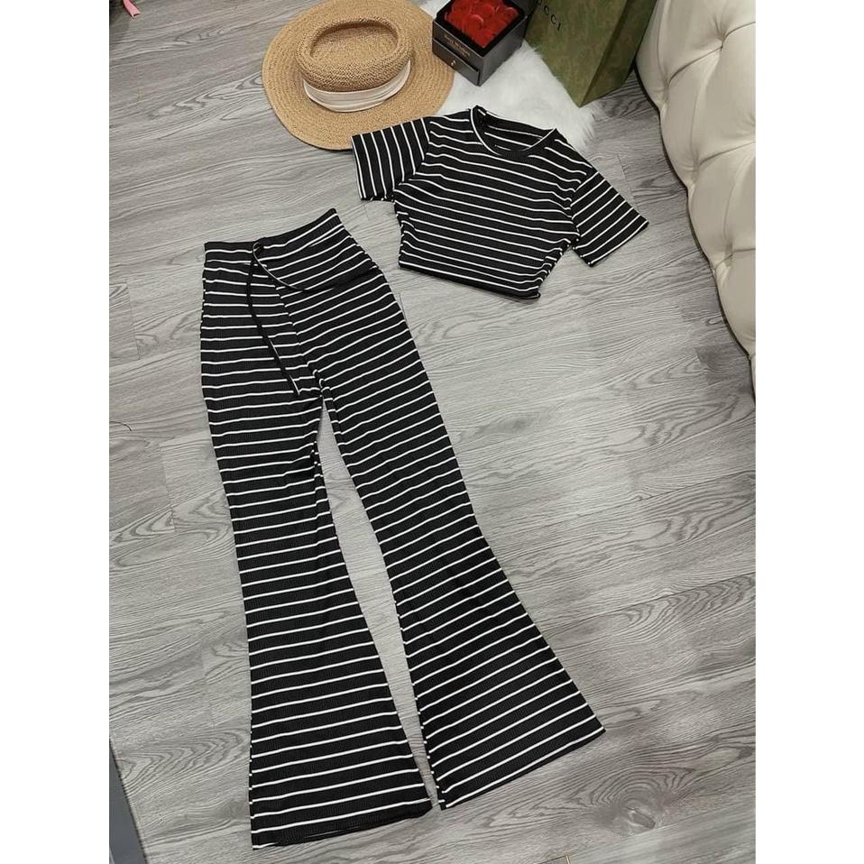 Set bộ đồ nữ áo croptop phối quần loe sọc ngang tôn da, tôn dáng dành cho các nàng đi chơi, dạo phố hoặc ở nhà