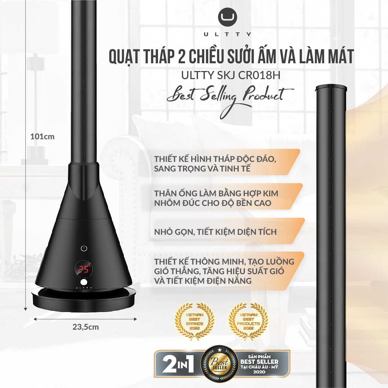 Quạt Làm Mát Và Sưởi Ấm ULTTY SKJ-CR018H, Chất Liệu Sưởi Gốm Ceramic Không Đốt Cháy Oxy, Không Khô Da, Tự Động Tắt Khi Quá Nhiệt - Màu Trắng - Hàng Chính Hãng