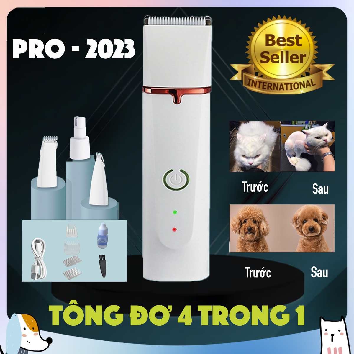 Tông Đơ Cắt Lông Chó Mèo 4 in1 Full Phụ Kiện, Bộ Tăng Đơ Cắt Tỉa Cạo Lông Chó Mèo 4 trong 1, Dễ Vệ Sinh, Tiếng Ồn Nhỏ