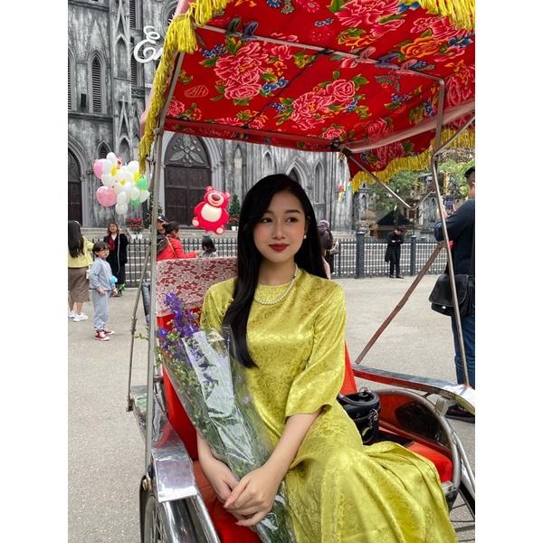 Áo dài Gấm Trà hoa - Màu Cốm