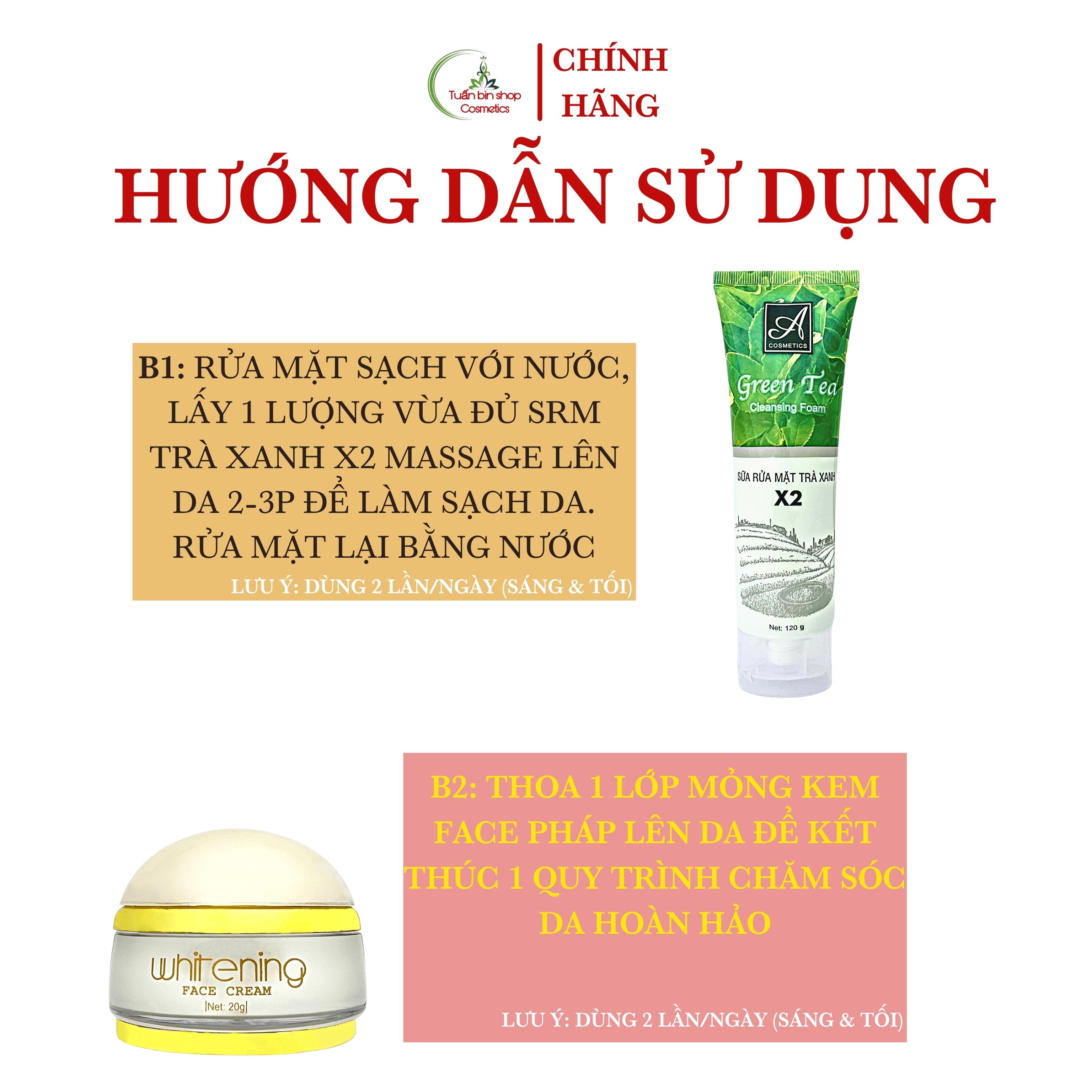 Combo dưỡng trắng da mặt, kiềm dầu, sáng da Acosmetics, kem face pháp, sữa rửa mặt trà xanh x2 140g