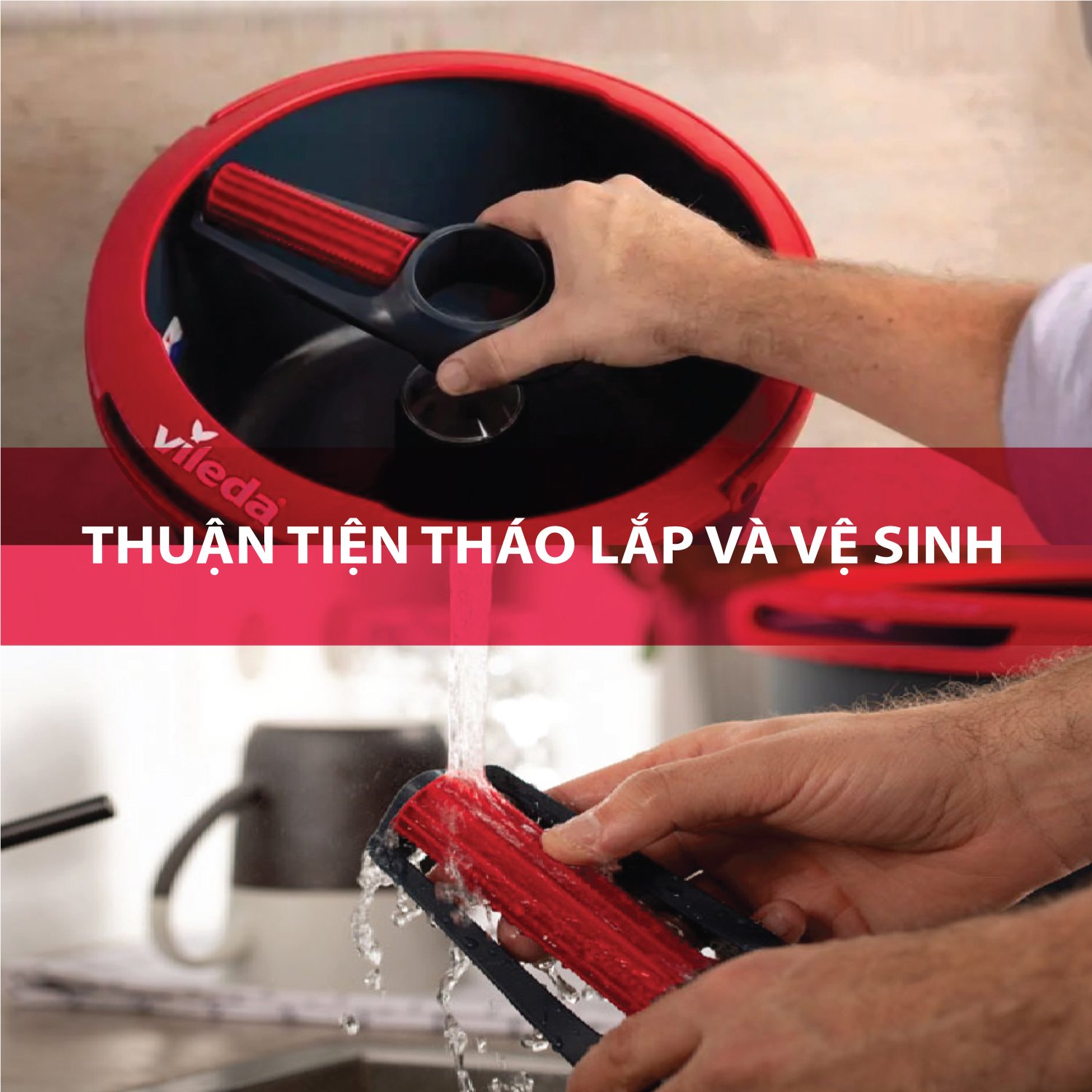 Cây lau nhà Vileda dạng đĩa tròn, công nghệ sợi microfiber sạch sâu, kèm xô giặt xoay 360 độ, model Spin&Clean