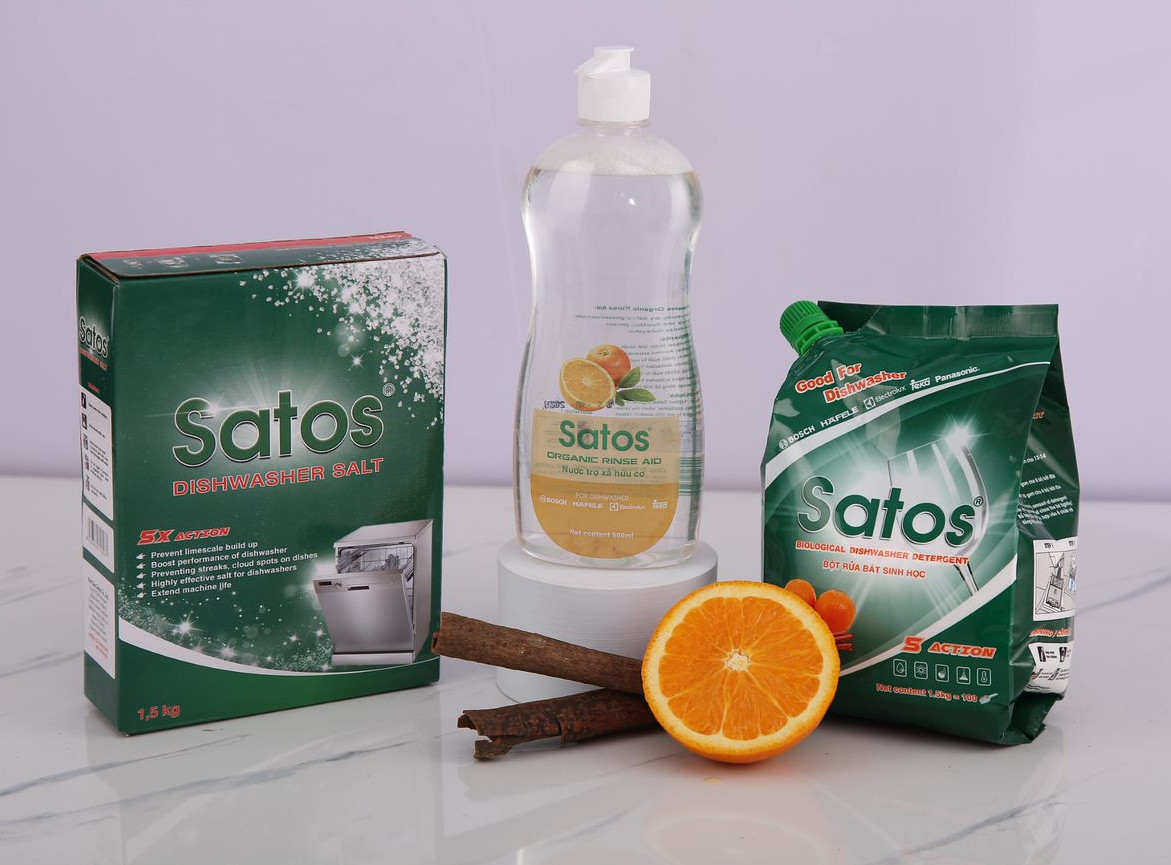 Combo bột rửa bát sinh học Satos 1.5kg + nước bóng hữu cơ Satos 500ml + muối Satos 1.5kg