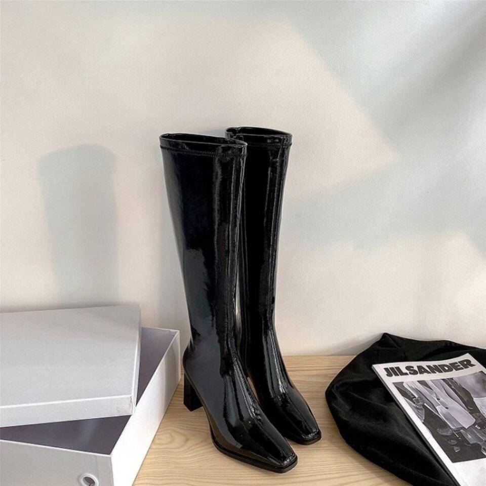 Hàng Loại 1 Boots đùi da bóng, đế vân gỗ cao 7cm sang chảnh cho bạn gái bắp chân nhỏ B009