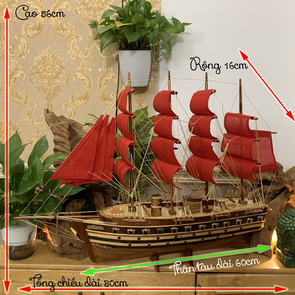 Mô hình tàu gỗ thuyền trang trí tàu chiến cổ JYLLAND_Đan Mạch - Thân tàu dài 60cm -  Gỗ Tràm bông vàng- Buồm màu Đỏ