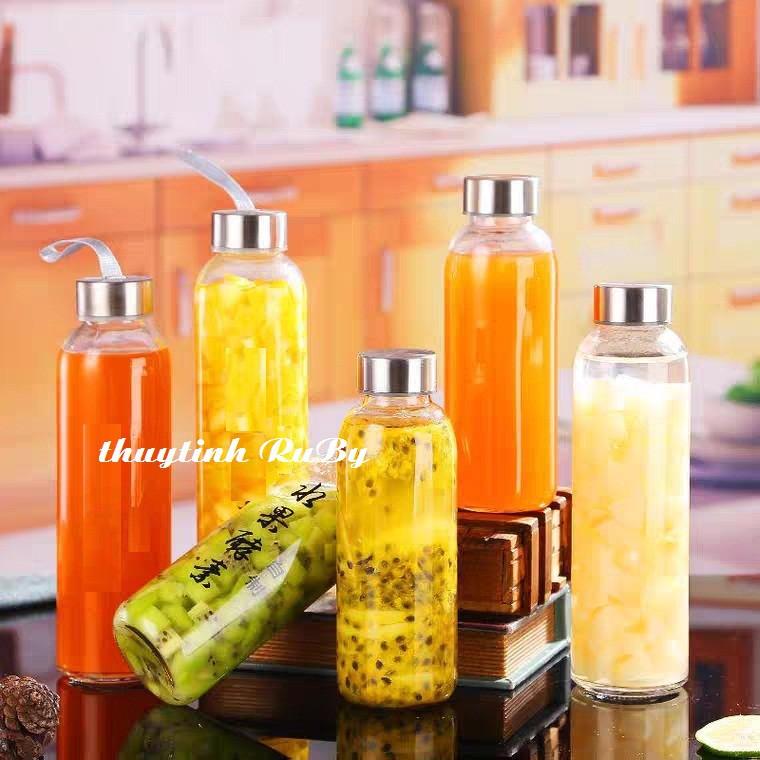 Bình nước thủy tinh 500ml có dây xách, chai đựng nước thủy tinh nắp nhôm có dây đeo tiện lợi