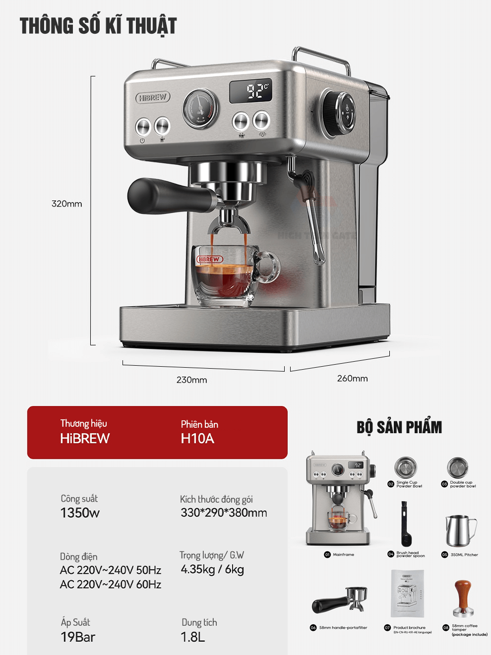 Máy Pha Cà Phê Espresso HiBREW H10A Phiên Bản Chuyên Nghiệp Linh Hoạt Kiểm Soát Toàn Diện, 58mm Tay Cầm Inox 304, Hàng Chính Hãng