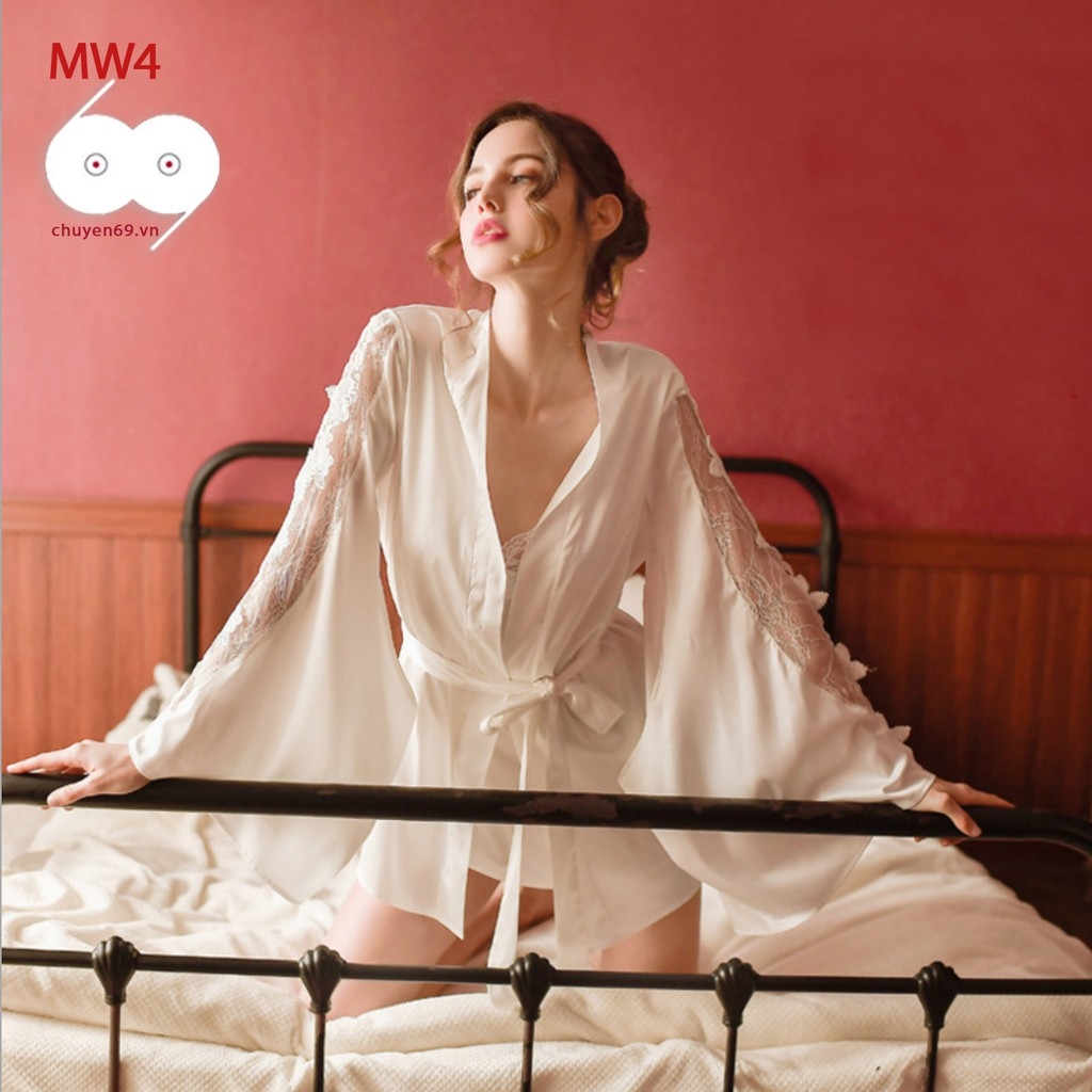 Đầm Ngủ 2 Dây Phối Ren Và Áo Choàng Bằng Lụa Gợi Cảm Cho Nữ