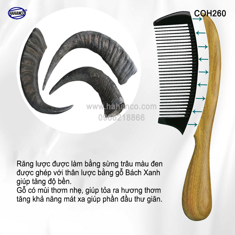 Lược gỗ tự nhiên ghép răng sừng Trâu - Chống tích điện/ dáng lược Châu Âu (COH260).