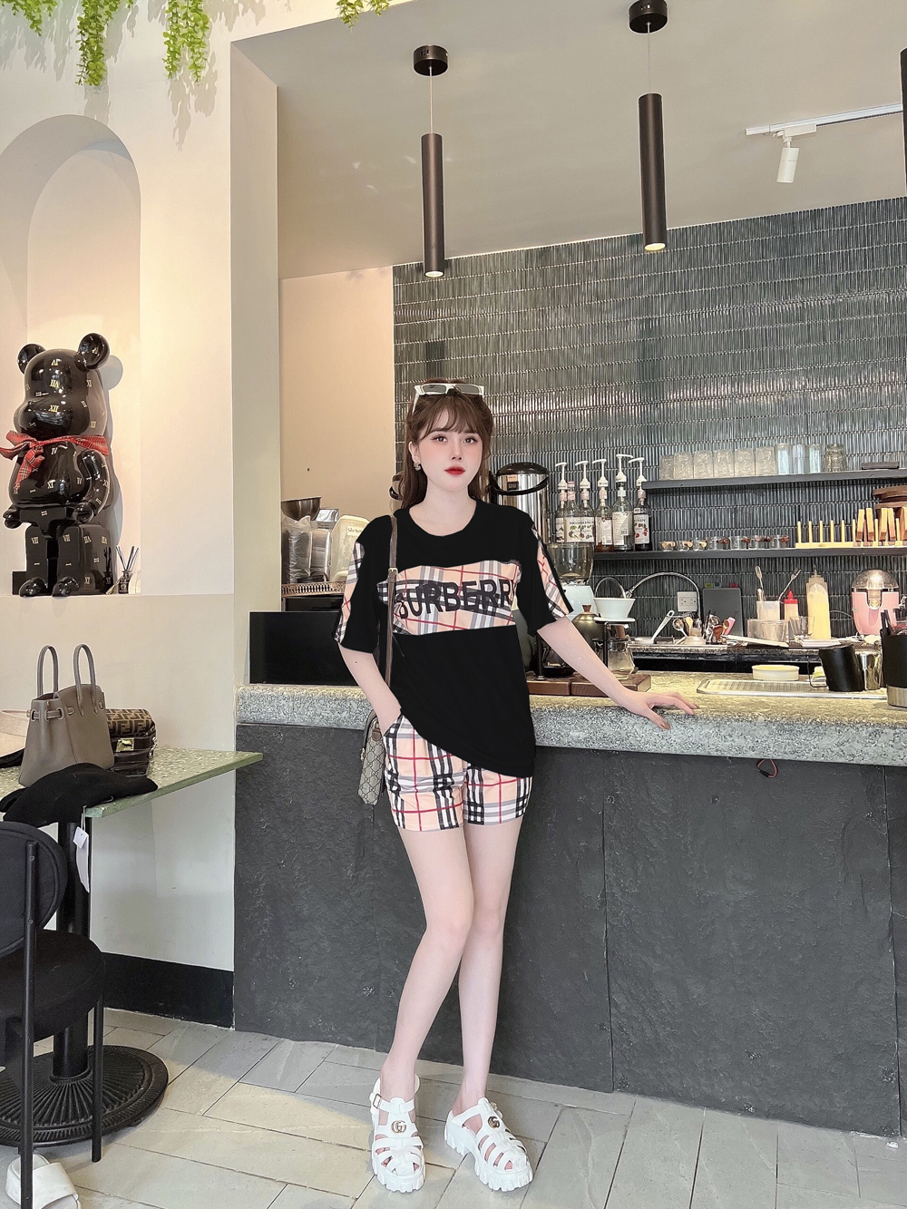 Đồ bộ thun đùi phối caro in 3D (2 màu 4 size từ 45 đến 70kg