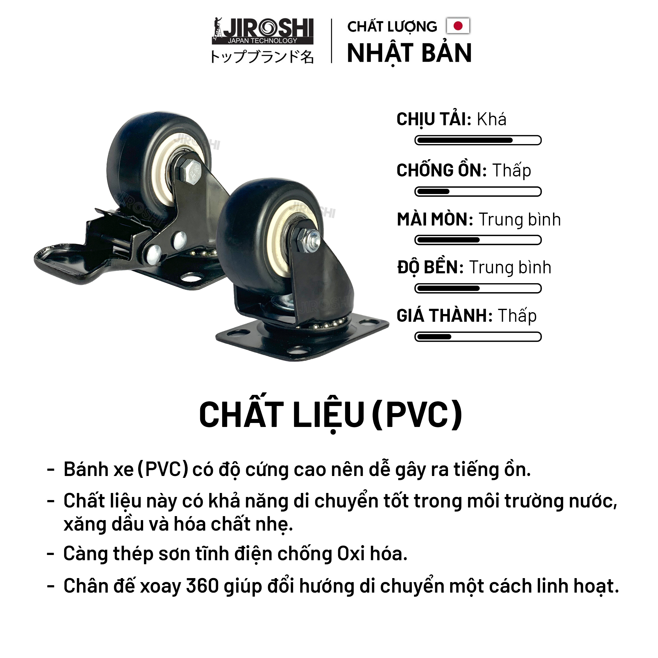 Bánh xe đẩy hàng có bạc đạn và khóa JIROSHI Nhật Bản , Bánh xe nhựa PVC mini 40mm