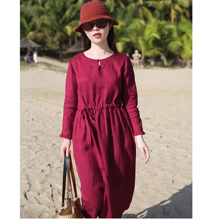 Đầm suông linen dài tay chiết eo, chất vải linen mềm mát, thời trang xuân hè 2021