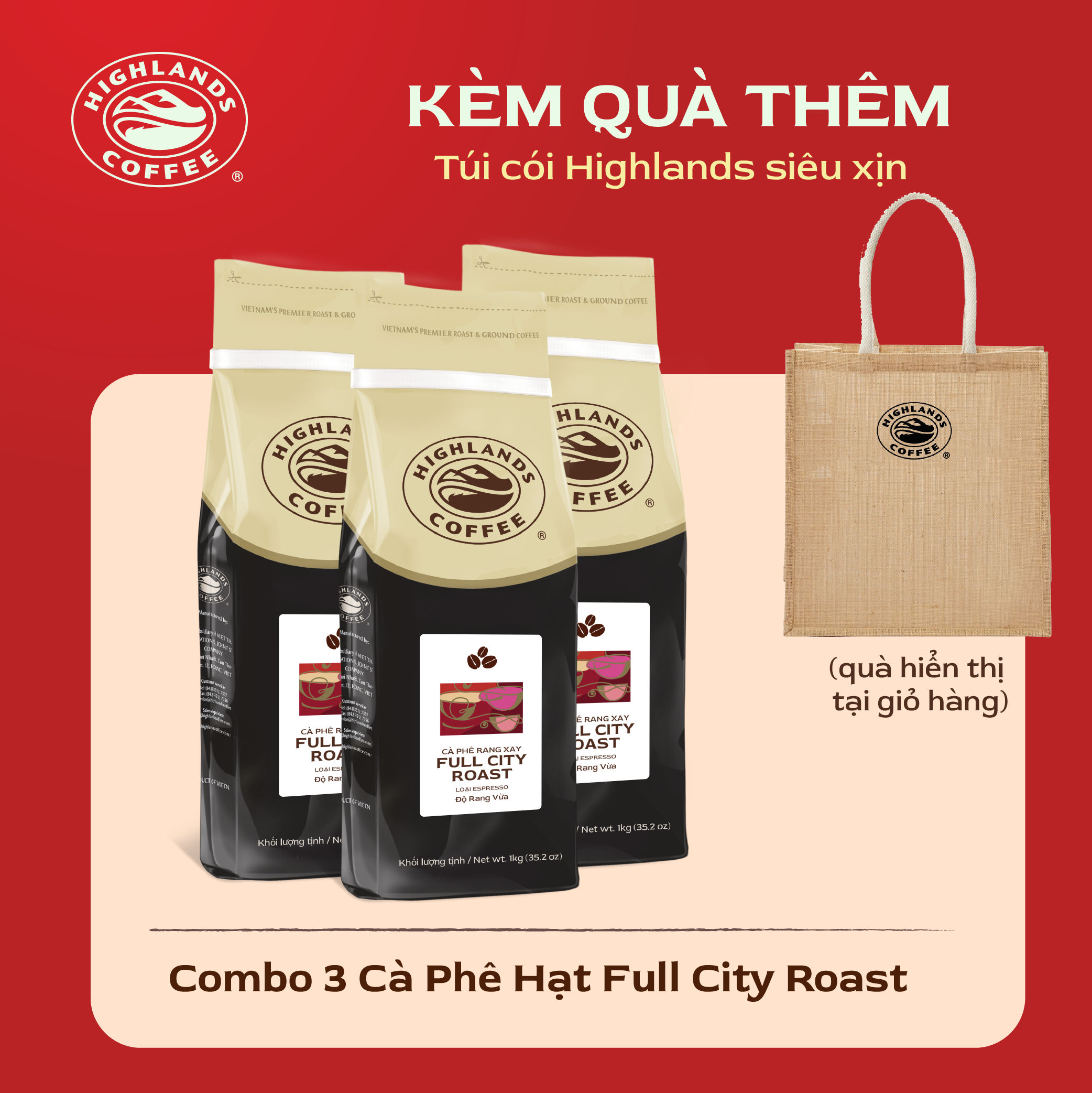 Combo 3 Cà Phê Hạt Full City Roast Highlands Coffee 1kg 