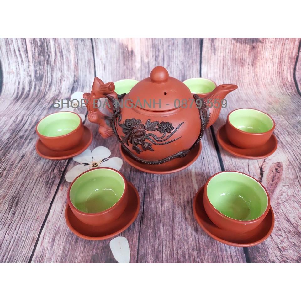 Bộ ấm chén tử sa đắp nổi cỡ to, dung tích ấm 500 ml