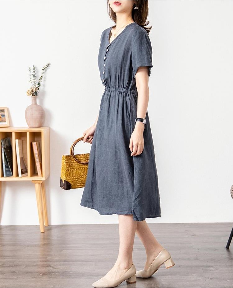 Đầm linen dáng suông cổ V , Đầm sơ mi ngắn tay nhún eo, mặc đi chơi, đi làm Haint Boutique Da173