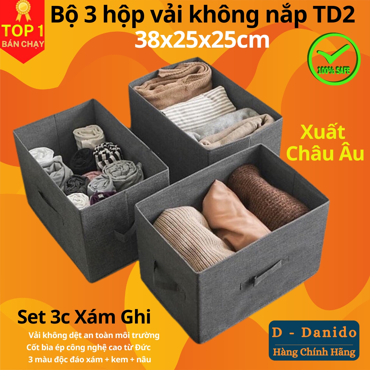 Combo 3 hộp vải đựng đồ đa năng TD2 – Bộ 3 túi vải Thụy Điển không nắp tiết kiệm sang trọng dung tích 24L mỗi hộp - chính hãng