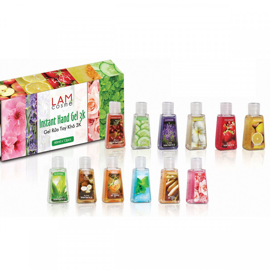 Hộp 12 Chai Gel Rửa Tay Khô 3K (60ml/ Chai) Lamcosmé Set Hoa Quả - Tặng Chai Nước Rửa Tay (500ml)