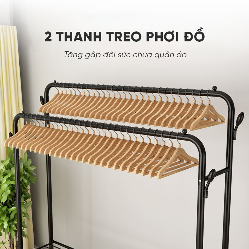 Giá Treo Quần Áo Đôi 2 Thanh Giá Phơi Đồ Để Đồ Tiện Lợi Bằng Thép Carbon Sơn Tĩnh Điện VANDO