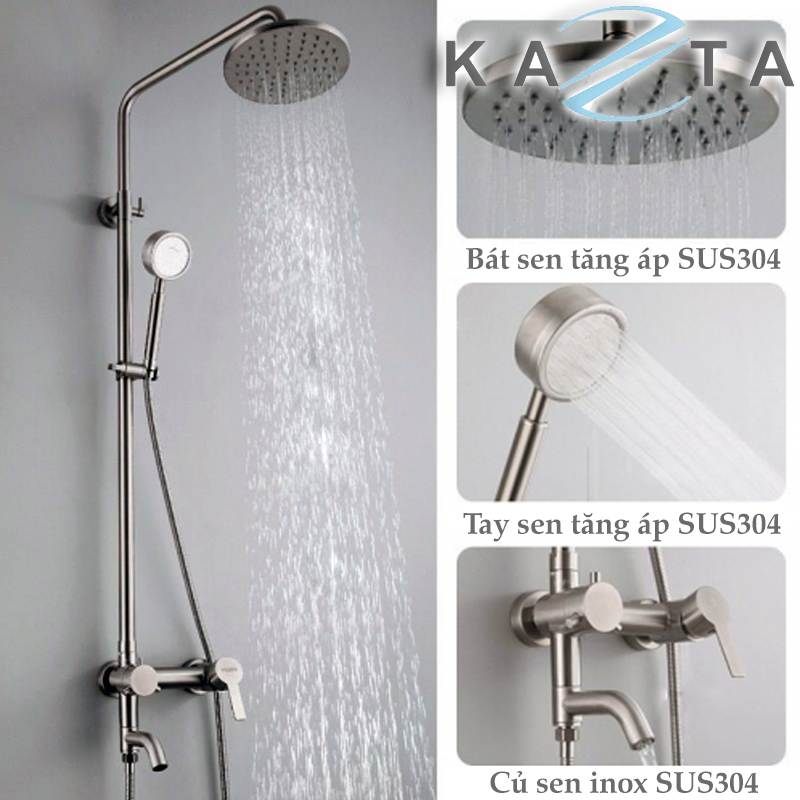 Bộ sen cây tắm nóng lạnh KAZTA KZ-SC02TD inox 304 bát tròn tăng áp nước phun mạnh mẽ