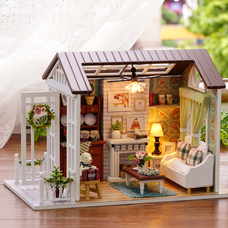 Mô hình nhà DIY Doll House American Retro Style Kèm Đèn LED và MICA chống bụi