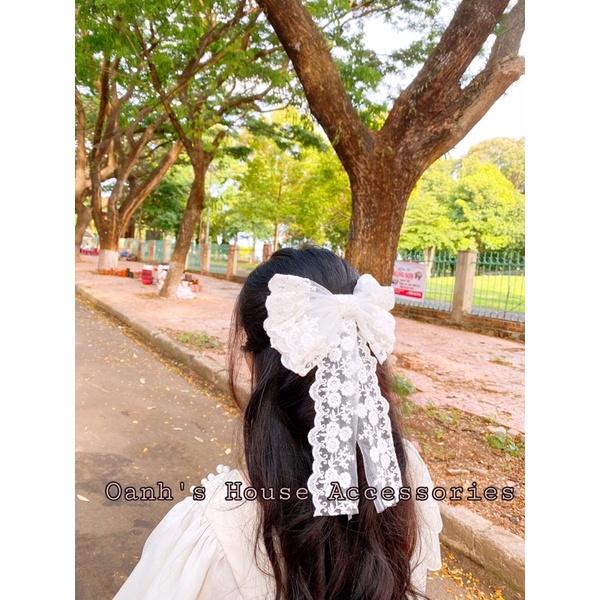 Kẹp nơ ren lớn đuôi dài tiêu thư