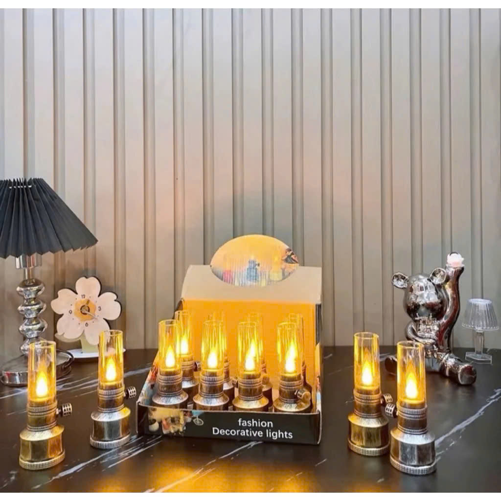 Combo Cặp 2 Đèn Dầu Thờ LED Vĩnh Cửu Dáng Cổ Điển – Ánh Sáng Vàng Ấm, Tặng Pin, Đèn Để Bàn Thờ