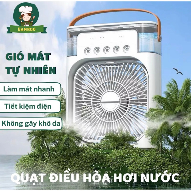 Quạt điều hoà hơi nước mini, Quạt hơi nước làm mát để bàn 3 chế độ gió dung tích bình chứa nước 600ml tích hợp đèn led