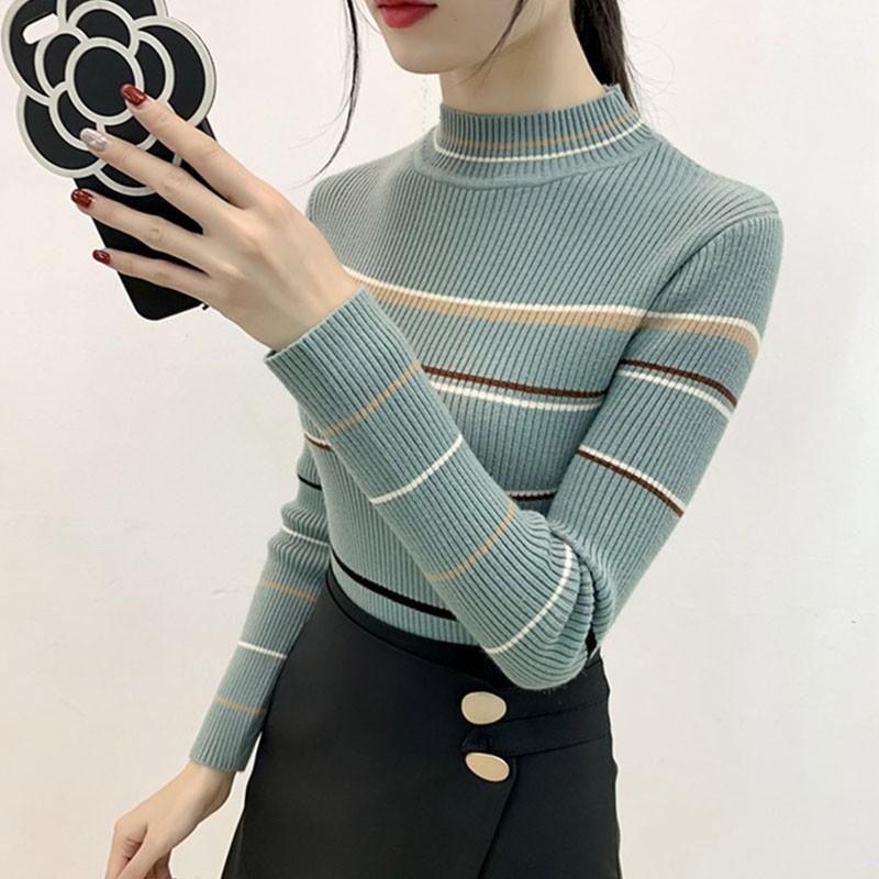 Áo thun dệt kim nữ tay dài cổ lọ kẻ sọc thời trang