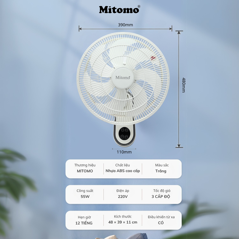 Quạt treo tường FTT-60AEC-D39W có remote, công suất 60W, hẹn giờ thông minh lên đến 12 tiếng - hàng chính hãng Bảo hành 2 năm