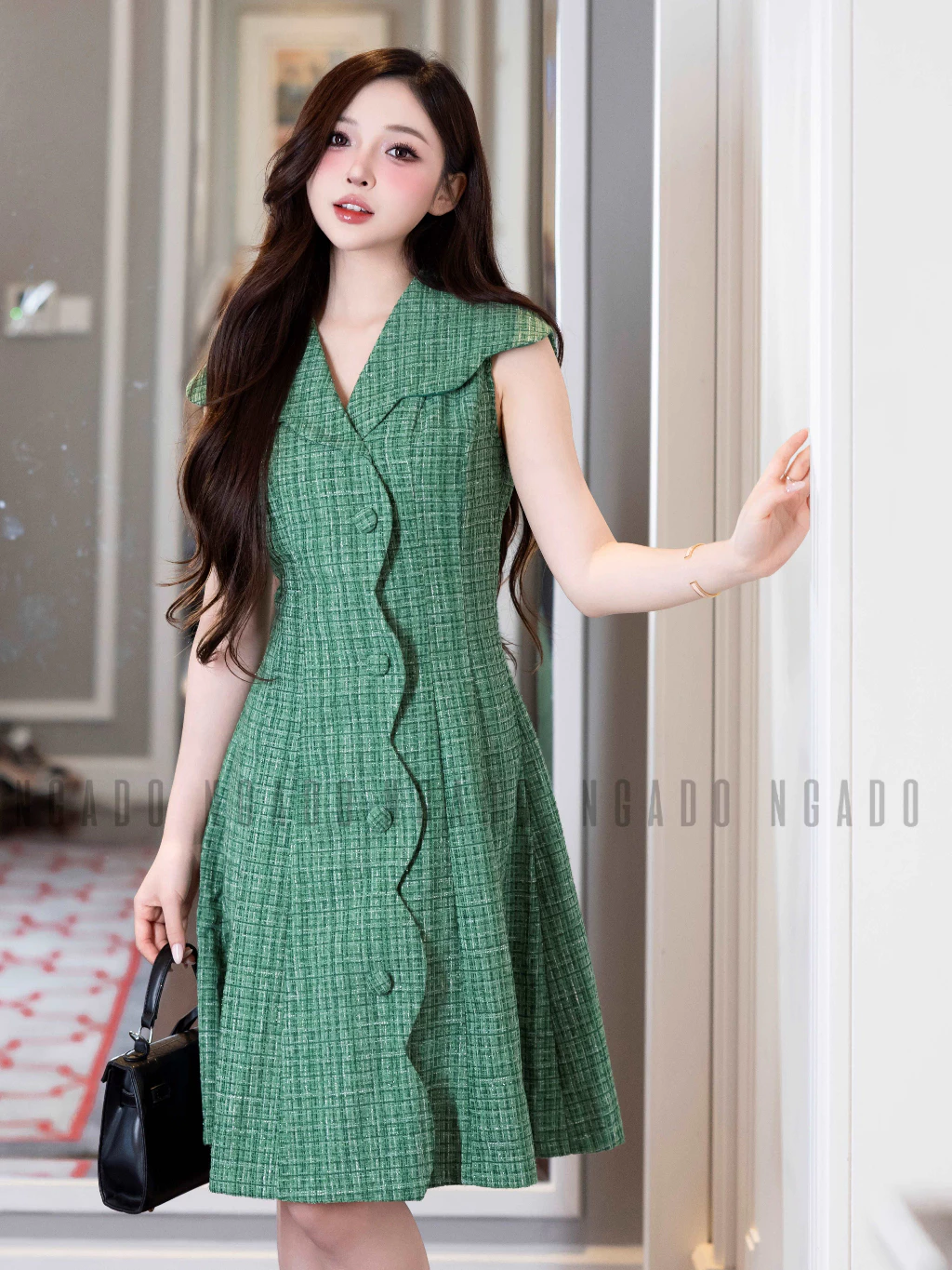 Đầm tweed xanh cổ vest NGADO , đầm ngắn dự tiệc