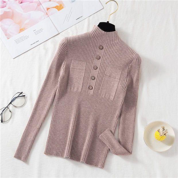 Áo len cổ cao phối cúc- áo len nữ mỏng mặc mùa thu