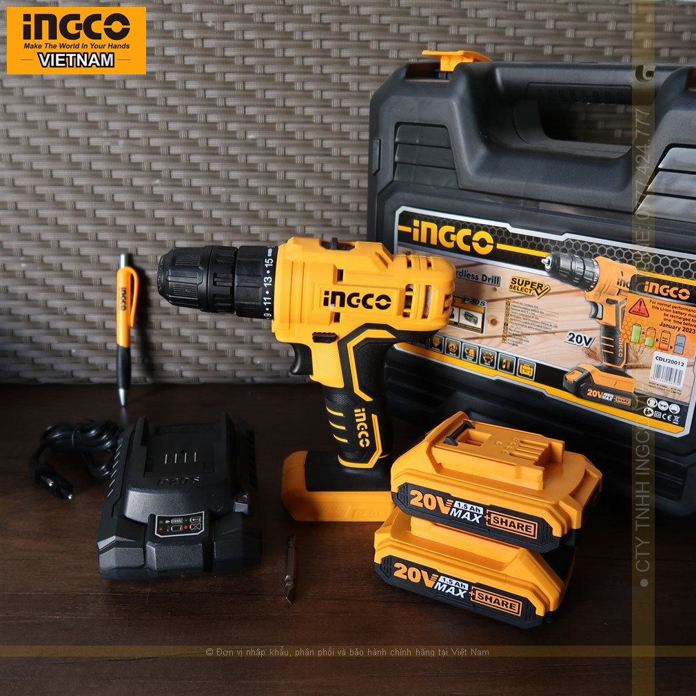 Máy khoan pin 20V INGCO CDLI20012 gồm 2 pin 20V 1.5Ah và sạc, đựng trong hộp nhựa.