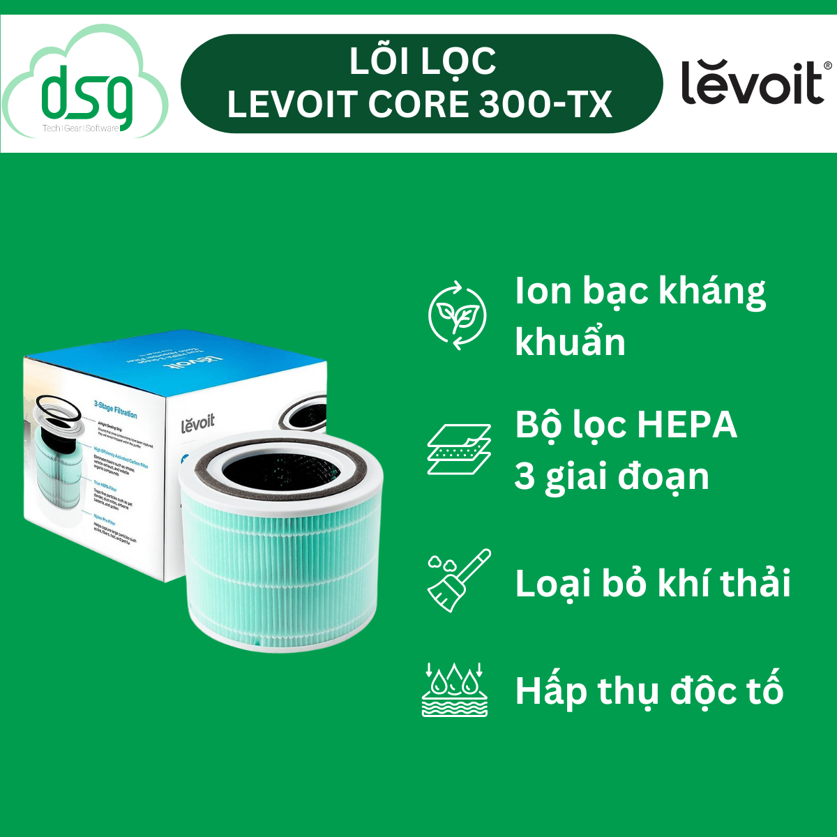 Lõi Lọc Hấp Thụ Độc Tố Cho Máy Lọc Không Khí Levoit Core 300 RF-TX | Bộ Lọc HEPA 3 Lớp | Hàng Chính Hãng