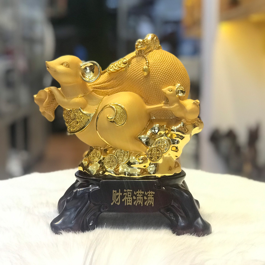 Tượng Chuột Phong Thủy Cõng Bao Tiền Mạ Vàng