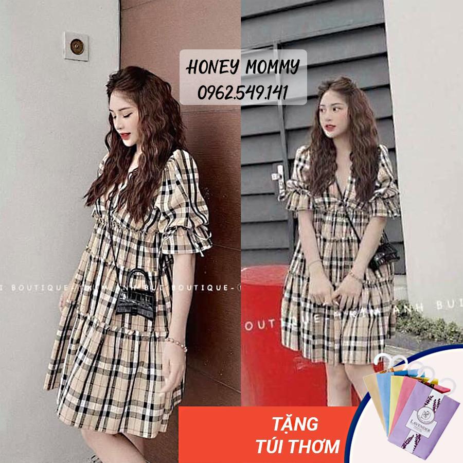 Váy Bầu Kẻ Caro Váy Bầu Tay Bồng Dáng Xòe HD2820 Honey Mommy