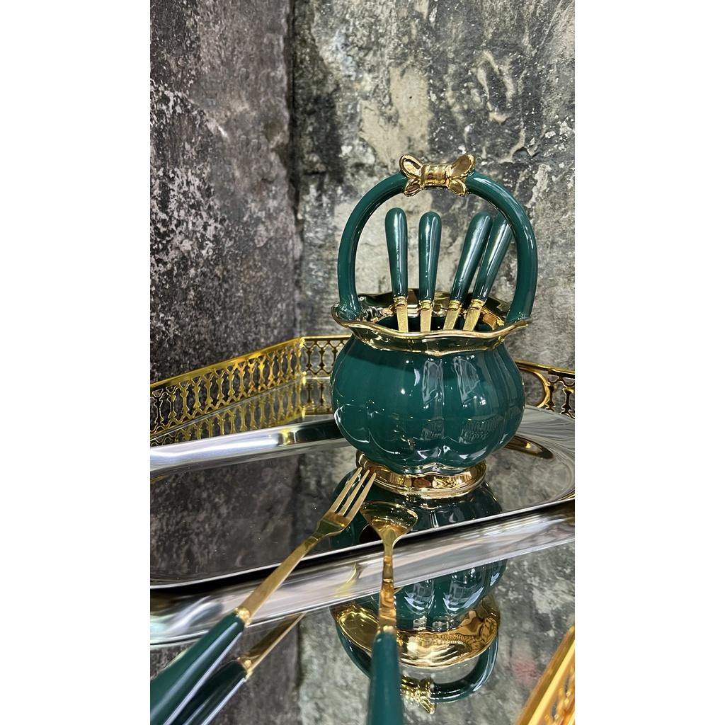 Hũ đựng thìa nĩa viền vàng chất liệu sứ | Lẵng sứ Trắng - Xanh Nơ viền vàng đựng thìa nĩa Decor hàng thủ công có sẵn