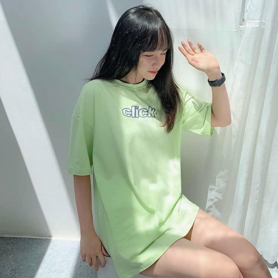 Áo thun tay lỡ xanh chuối hình chữ Click Unisex form rộng dễ thương.
