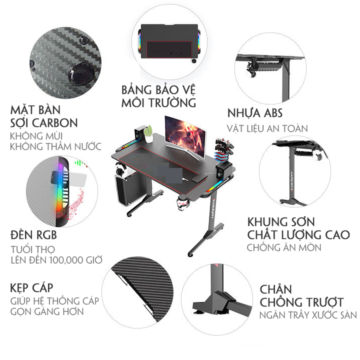 Bàn gaming cao cấp, bàn làm việc có đèn led, bàn máy tính cao cấp