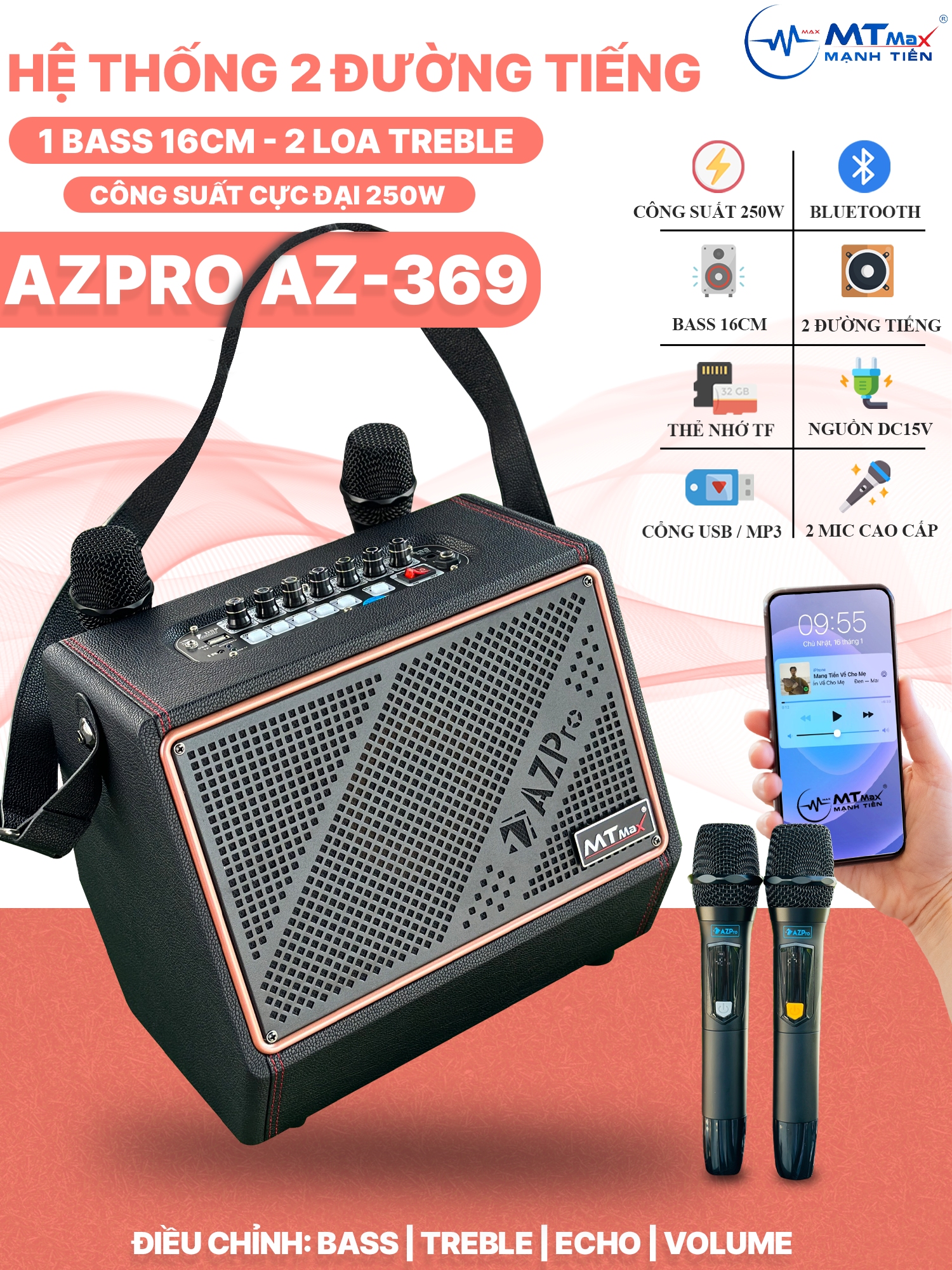 [ Hàng Chính Hãng ] Loa Xách Tay Azpro AZ369 - Công Suất Lớn 250W, Thiết Kế Nhỏ Gọn, 3 Loa 2 Đường Tiếng, Bass Căng 16cm, Âm Thanh Trong Trẻo, Bass Đánh Siêu Ấm, Bảo Hành 12 Tháng