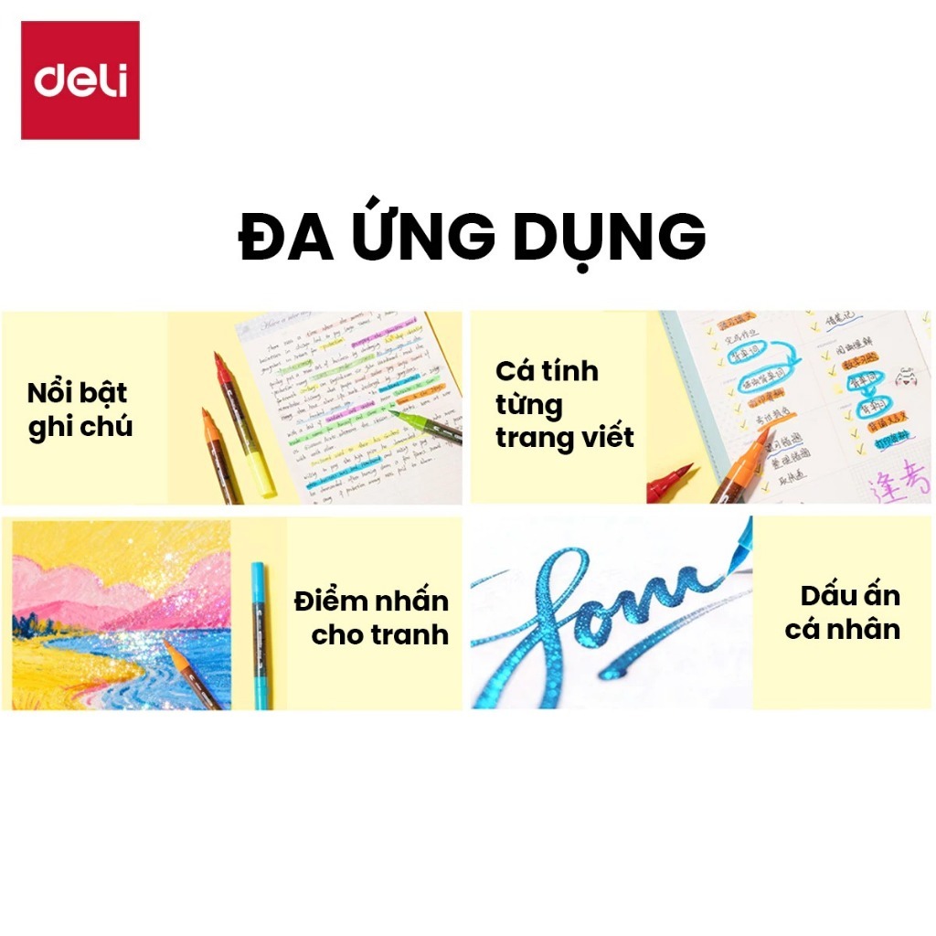 [SALE 39K] Bút Marker Nhũ Kim Tuyến 2 Đầu 12/24/36/48 Màu Cao Cấp Deli Nhũ Sáng Màu Vẽ Anime, Bullet Journey